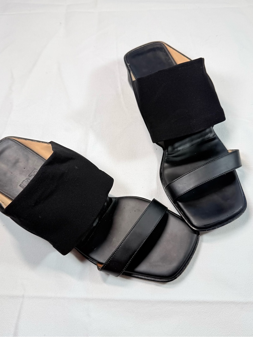 Salvatore Ferragamo Vintage Black Neoprene & Leather Square Toe Block Heel Mules